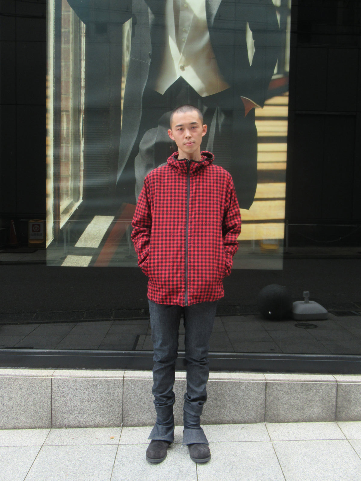 Black and red check jacket